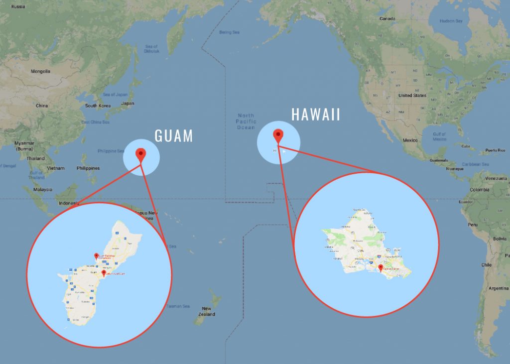 Pacific map showing Guam and Hawaiʻi sites